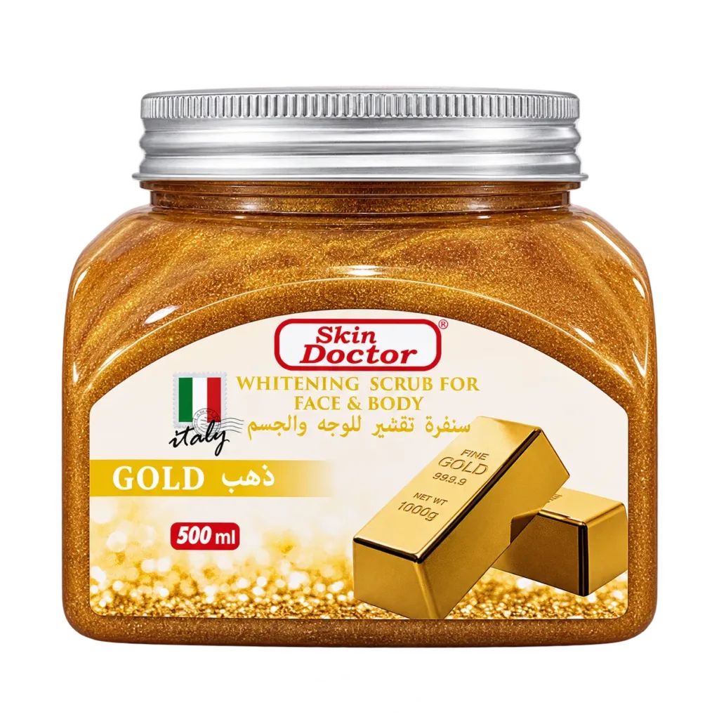 نمای جلوی اسکراب صورت و بدن طلا دکتر اسکین